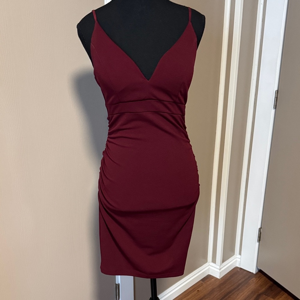 Emerald Sundae Deep Wine Ruched V-Neck Mini Dress